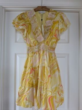 Hale Bob Yellow Swirl V-Neck Tiered Mini Dress